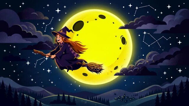 Witch flying on broomstick across glowing full moon night sky for Halloween holiday vector illustration