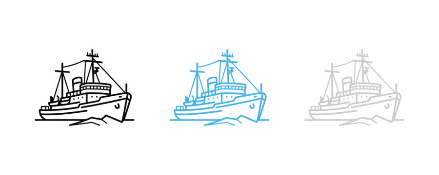 Set of three ship illustrations in different styles.