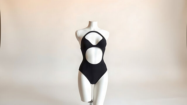 Faceless dress form mannequin wearing black cutout monokini, studio cyclorama, swimwear display