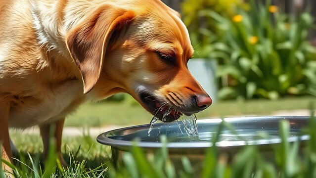 Dog drinking water from metal bowl in backyard, pet hydration and thirst