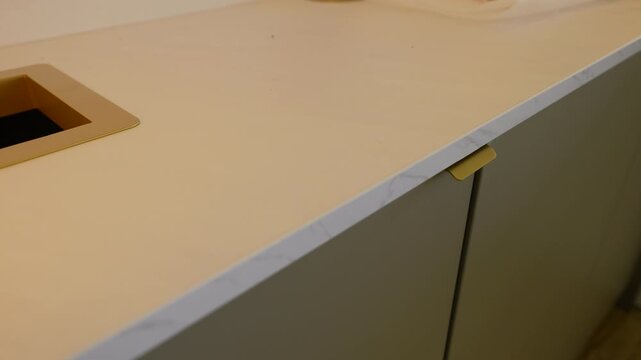 Kitchen canteen desk work surface sink cupboards handles modern finish