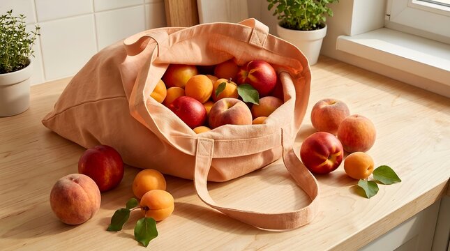 Fresh apples and oranges in a shopping bag on a kitchen table