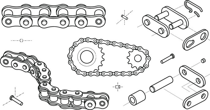 Mechanical roller chain system and sprocket gear assembly vector icon set featuring exploded view
