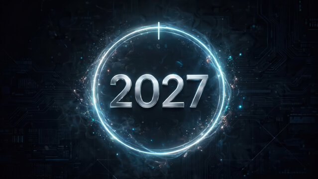 2027 futuristic circular power symbol with glowing blue ring and dark digital background, reboot concept with metallic number display