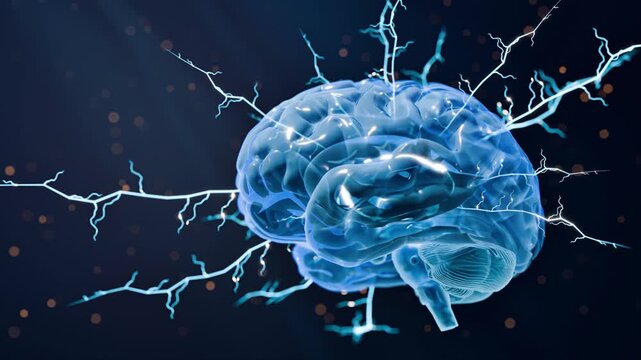 Human brain structure lit up with neural sparks to represent brain connectivity, mental focus, and AI-inspired deep neural learning systems &ndash; 3D Rendering
