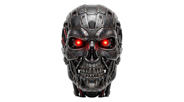 Scary Robotic Skull with Glowing Red Eyes and Exposed Wires PNG Isolated on transparent background