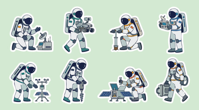 Vector set of cartoon astronauts performing various space exploration and scientific research tasks