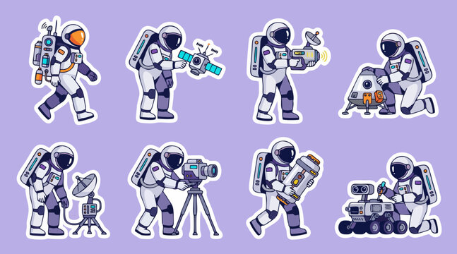 Astronaut sticker collection featuring spacemen exploring planets and working with futuristic equipment and machinery