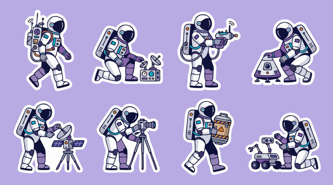 Colorful vector sticker set featuring cute astronauts exploring space with various high tech equipment