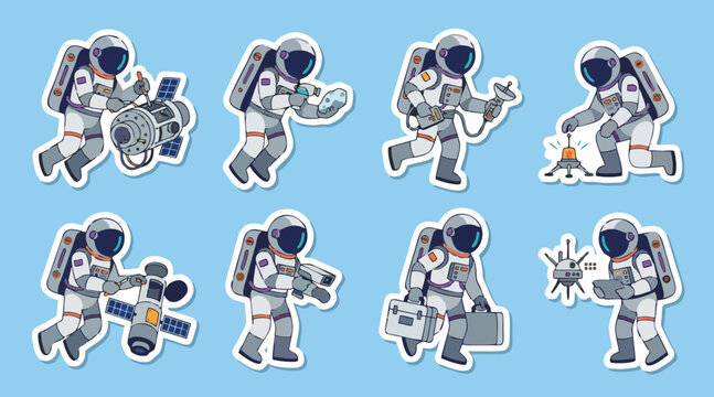 Diverse astronaut vector sticker collection performing various space exploration tasks in blue background
