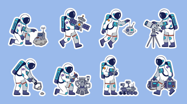 Colorful astronaut vector sticker collection featuring space exploration activities and scientific equipment in cartoon style