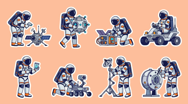 Astronaut sticker collection featuring spacemen exploring planets and working with futuristic space equipment elements