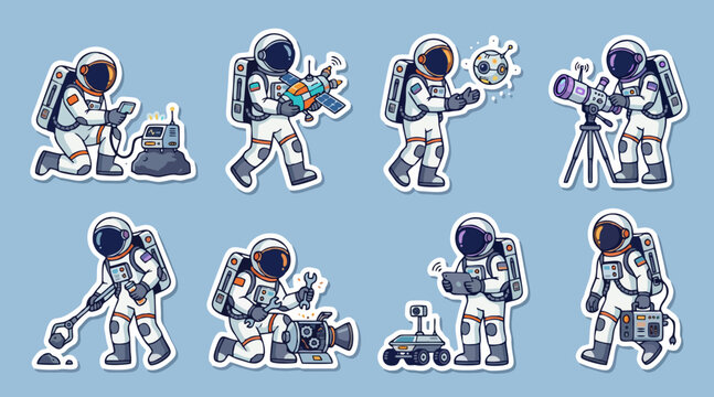 Cute astronaut sticker set vector illustration featuring spacemen exploring planets and repairing spacecraft equipment