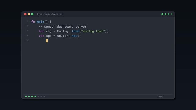 Dark code editor window with syntax-highlighted Rust code typing itself, loop
