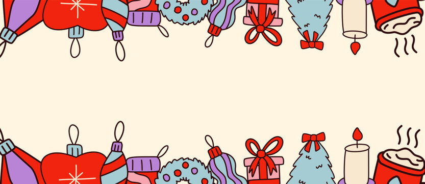Christmas elements frame border vector featuring cute hand-drawn holiday decorations, baubles, gift boxes, wreaths, candles, and cocoa mugs aligned at top and bottom on light beige background.