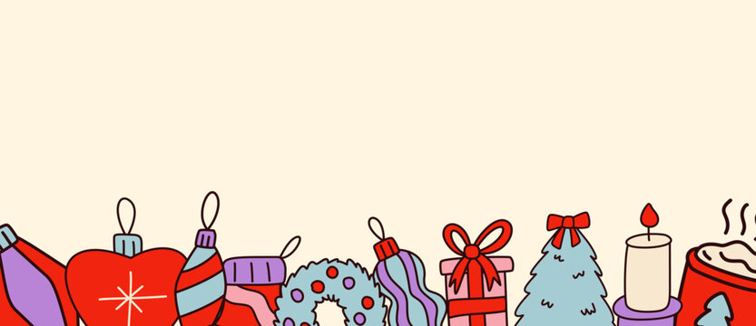 Christmas elements border vector featuring cute hand-drawn holiday decorations, baubles, gift box, wreath, candle, and cocoa mug aligned at the bottom on light beige background.