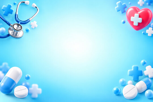 AI-generated cute 3D medical icon background in cyan corner focus with corner cluster pattern for healthcare design.