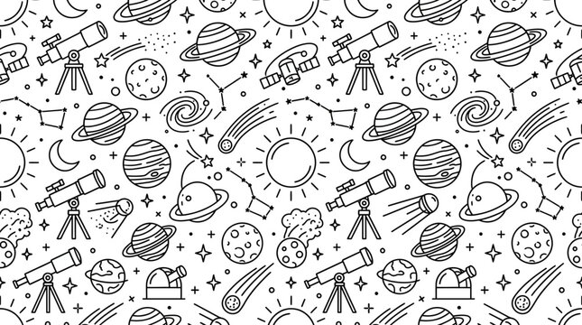 Space exploration doodle seamless pattern