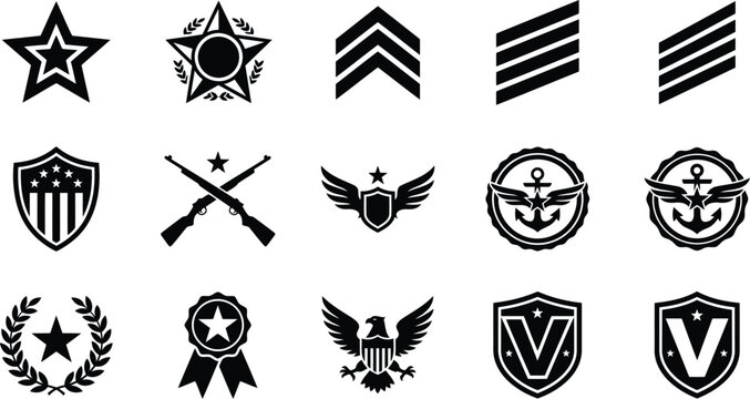 Military rank insignia and army badge icons set for sergeant chevrons, crossed rifles, navy anchor and eagle crest