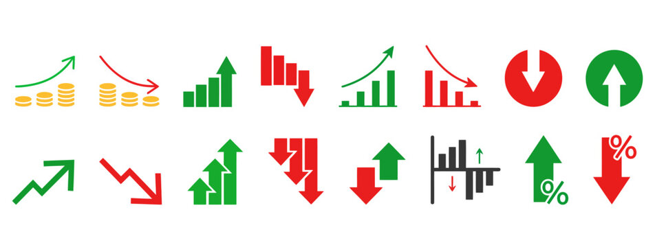 Financial Growth and Decline Chart Icons Set, Business Finance Vector Icon Collection, Increasing Decreasing Trend Graph Symbols, Data Visualization Stock Market Infographic Illustration