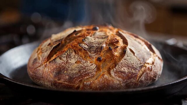 Artisan Sourdough Bread Baking in Cast Iron Skillet over Gas Flame with Rising Steam