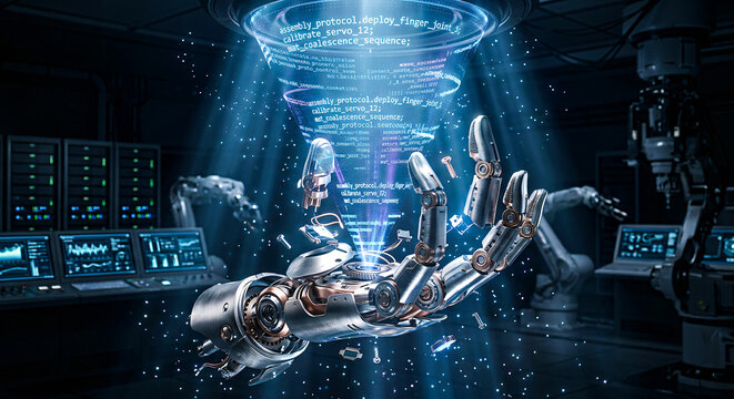 Futuristic Symbolism - Holographic Source Code Autonomously Assembling Metallic Robotic Hand, Octane Render Machine Self-Replication Eclipsing Human Creation