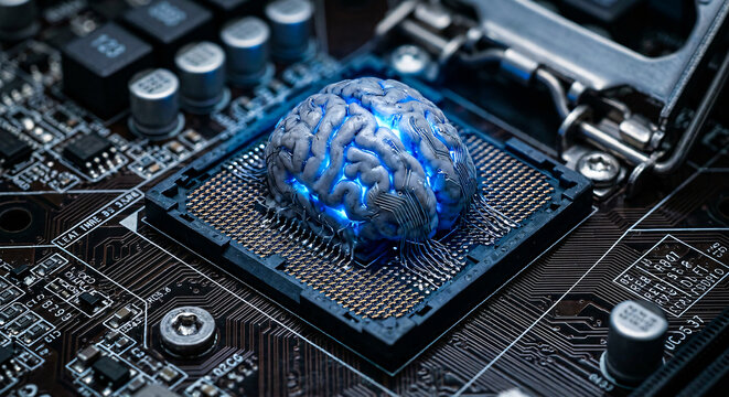 Futuristic Symbolism - Biomechanical Synthetic Brain Replacing Motherboard CPU, Glowing Neural Silicon Interface, Machine Intellect Usurping Human Thought