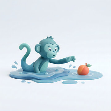 Cute blue monkey character playing with a peach in blue liquid 3D render.