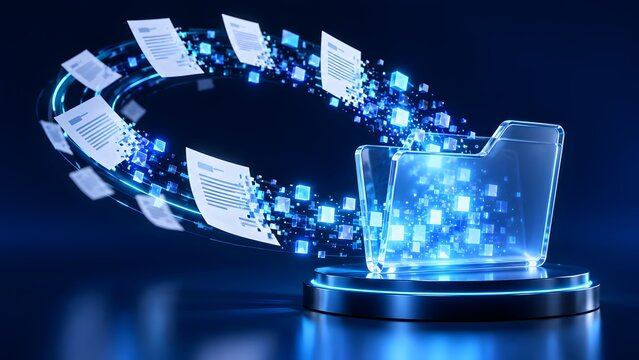 Transparent digital folder with swirling paper documents and glowing data particles on tech podium