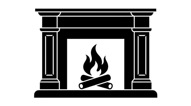 Classic brick fireplace flat icon with burning logs for home living room