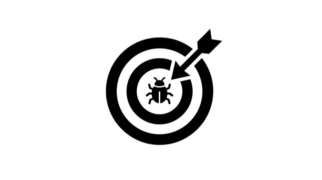 Bug icon inside target with arrow showing software testing and debugging