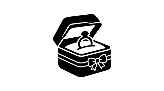 Engagement ring inside gift box with bow black icon isolated on white