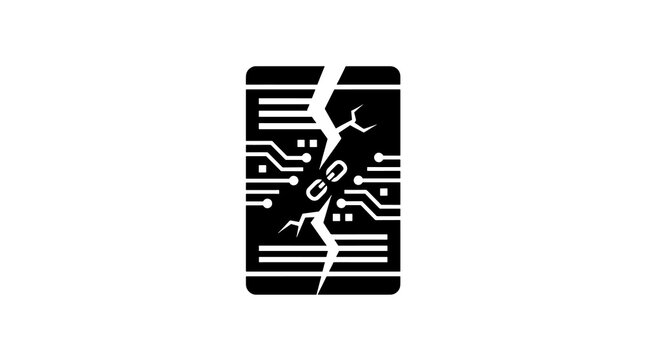 Broken digital circuit board with link icon isolated on black flat icon