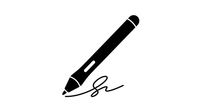Digital pen flat icon with handwritten signature on white background