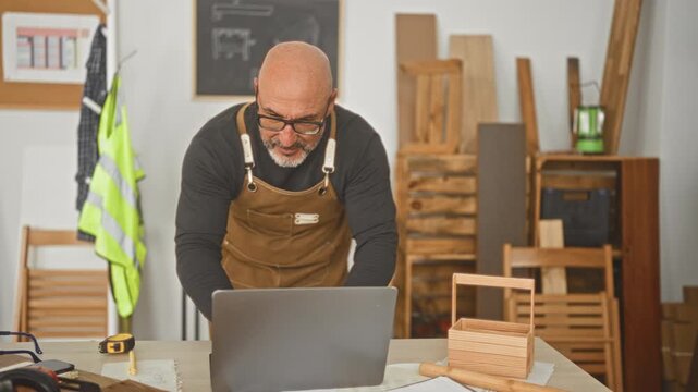 Middle age man carpenter types on laptop over woodworking plans at workshop table with toolbox and wood pieces; focused craftsmanship.