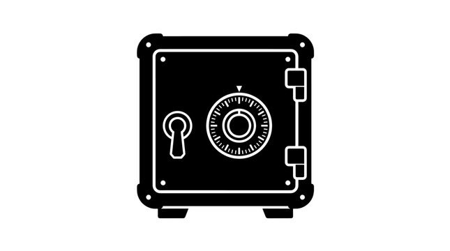Square metal safe vault icon with combination dial for security.