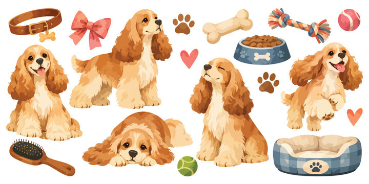 Watercolor Cocker Spaniel Dogs and Pet Supplies Clipart Set