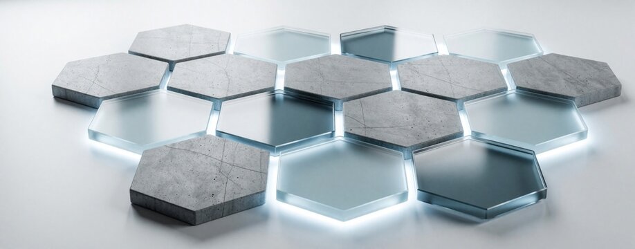 Abstract geometric pattern of gray concrete, glass hexagons on white surface. Modern 3D hexagonal structure with reflective material, soft light. Minimalist tech background with symmetry for science