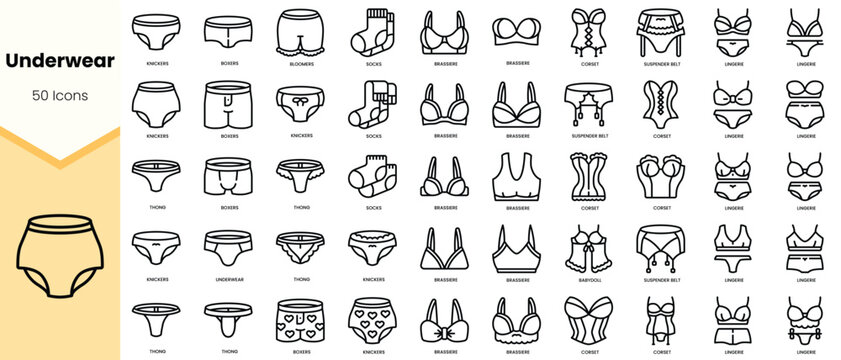 Underwear line icon set with lingerie, briefs and socks