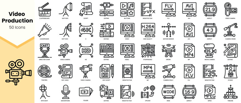 Film production line icons with clapperboard, camera and studio