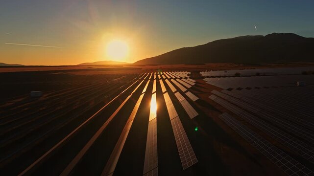 Sun sets over a large solar panel field situated in a flat area with mountains in the background. Rows of panels reflect the warm light as the day ends.