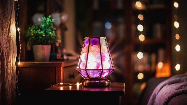 Glowing Geometric Lamp Emits Soft Purple Light on Bedside Table in Cozy Bedroom at Night