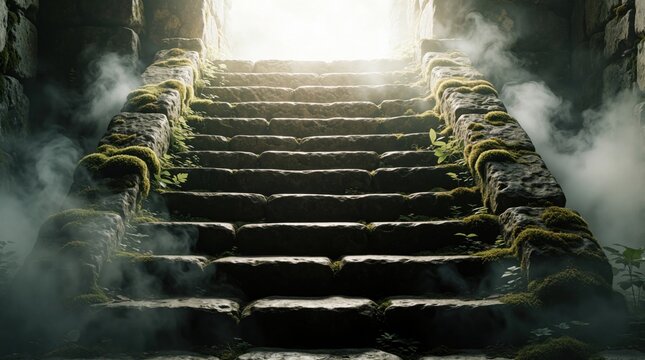 Old stone staircase covered in green moss leads to bright glowing light. Foggy atmosphere fills ancient stpic in dark forest. Mysterious path offers spiritual journey escape to heaven. Dreamy