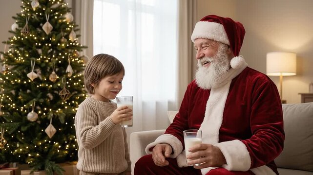 Santa Claus and smiling child clinking milk glasses beside decorated Christmas tree at home. Christmas celebration, family friendship and holiday tradition concept