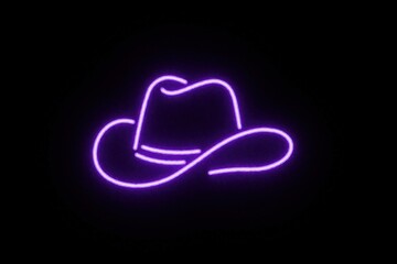 Obraz na płótnie Canvas Purple neon cowboy hat outline on black background. Glowing violet western hat symbol in bright electric light. Minimalist rodeo headwear icon for country music party, disco night club event wild