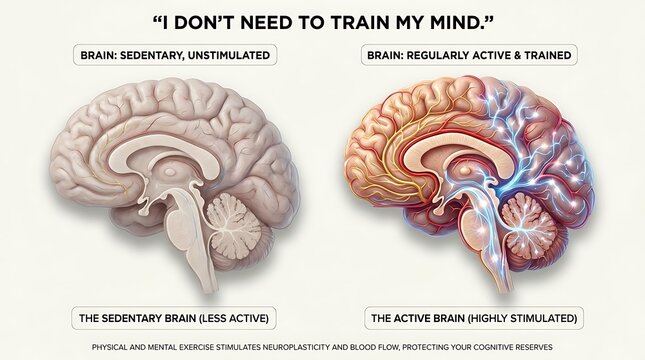 Medical illustration contrasting unstimulated brain of sedentary lifestyle with highly stimulated brain of regularly active person