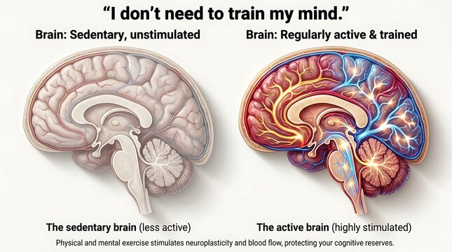 Medical illustration contrasting unstimulated brain of sedentary lifestyle with highly stimulated brain of regularly active person