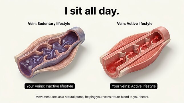 Vein valve function diagram demonstrating blood circulation difference between sedentary and active human lifestyle habit