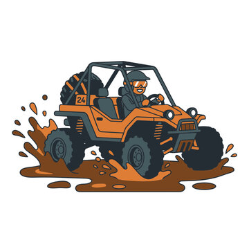 Playful flat design vector illustration of an orange off-road UTV buggy driving through brown mud with large splashes, featuring a person in a helmet and goggles enjoying an extreme adventure.