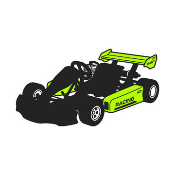 High Impact Vector Illustration of a Racing Go-Kart with Neon Green Accents and Aerodynamic Spoiler, Silhouette Design for Motorsport and Karting Competition Isolated on White Background